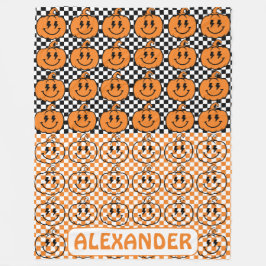 Orange Black Retro Rad Pumpkin Checkered Halloween Fleecedecke