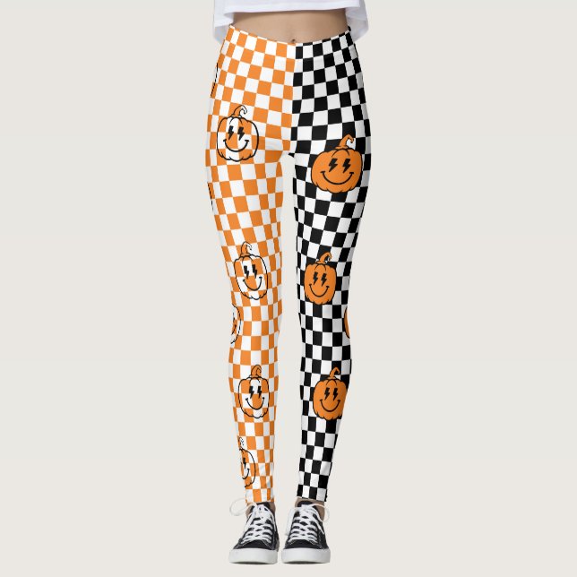Orange Black Retro Rad Pumpkin Checkered Halloween Leggings (Vorderseite)