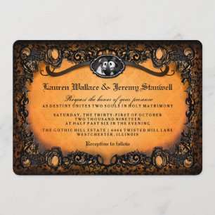 Orange Black Skeletons Halloween Hochzeitsrezeptio Einladung