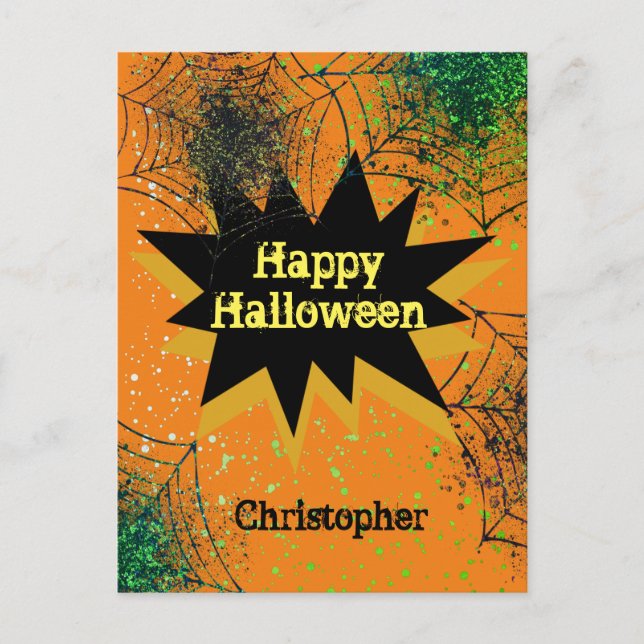 Orange Black Spiderweb Happy Halloween Postkarte (Vorderseite)