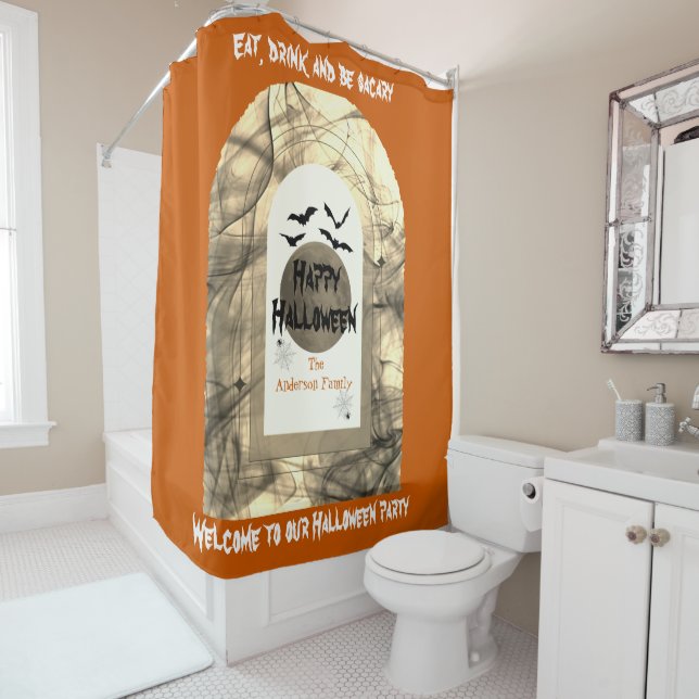 Orange Black Spooky Full Moon Bats Happy Halloween Duschvorhang (Beispiel)