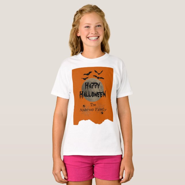 Orange & Black Spooky Moderne glückliche Halloween T-Shirt (Vorne ganz)