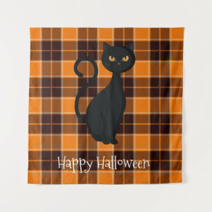 Orange Black Tartan Kariert Black Cat Halloween Wandteppich