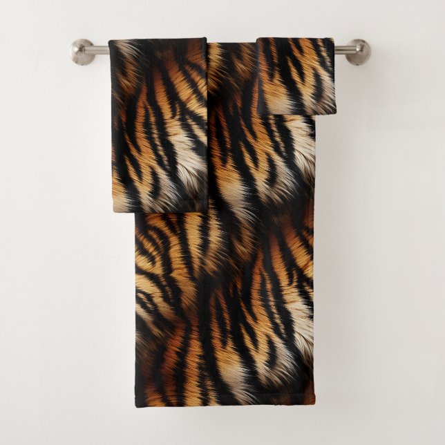 Orange Black Tiger Stripes Animal Print Badhandtuch Set (Insitu)