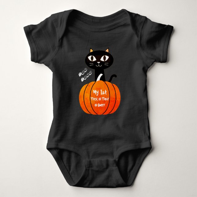 Orange Black Trick oder Treat Cat Mein erstes Hall Baby Strampler (Vorderseite)