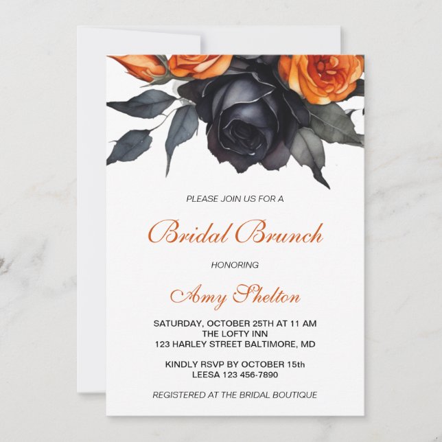 Orange & Black Watercolor Blumenbridal Brunch Einladung (Vorderseite)