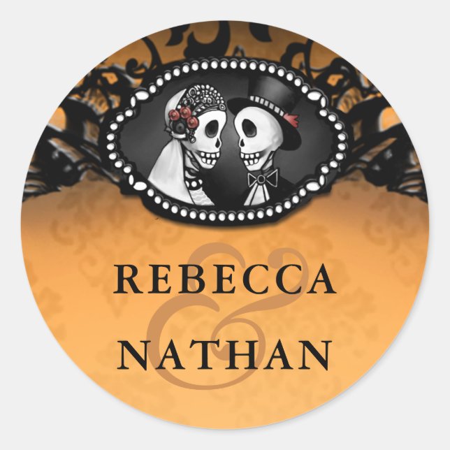 Orange & Black Wedding Skeletons Envelope Label Runder Aufkleber (Vorderseite)