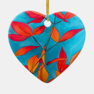 Orange Blätter Herbst Original Aquarellkunst Keramik Ornament