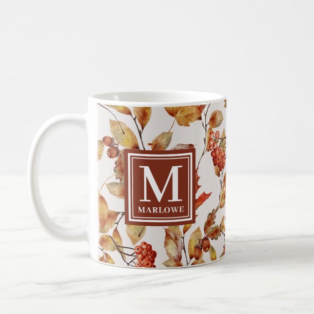 Orange-Blätter im Herbst Aquarellfarbenmonogramm Kaffeetasse (Links)