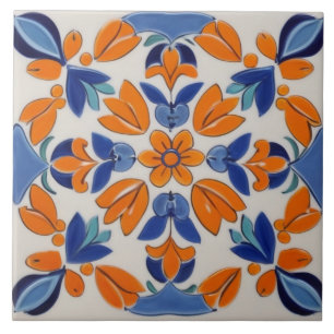 Orange Blau Geometrische Blume Mittelmeer Fliese