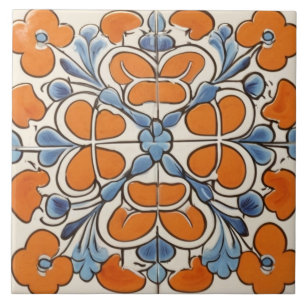 Orange Blau Geometrische Blume Mittelmeer Fliese