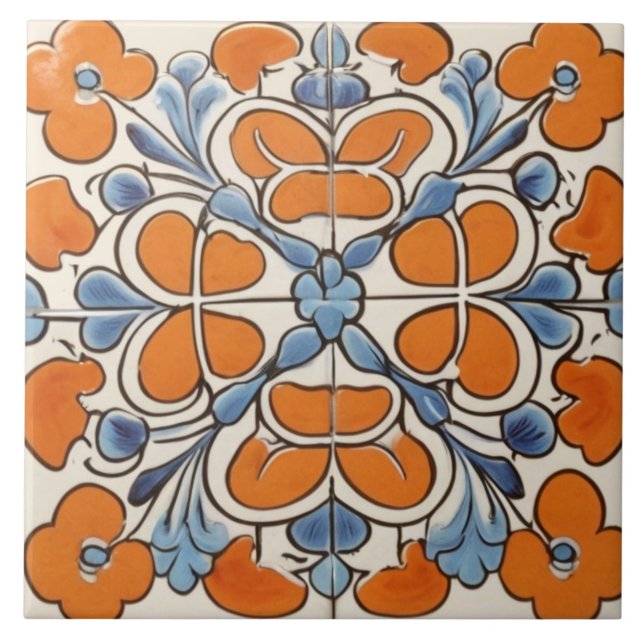 Orange Blau Geometrische Blume Mittelmeer Fliese (Vorderseite)