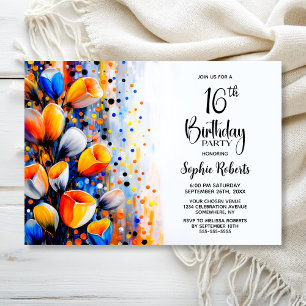 Orange-blaue Blumenparty zum 16. Geburtstag Einladung