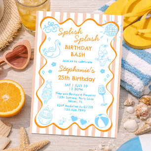 Orange Blaue Handgezeichnete Sommer Poolparty Gebu Einladung