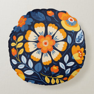 Orange-blaue kühne retro-blumenillustration rundes kissen