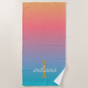 Orange Blaue Ombre Moderne Monogramm Name Strandtuch