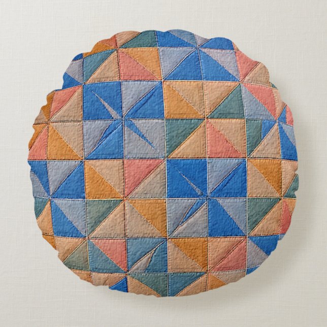orange-blaue Steppdecke Rundes Kissen (Vorderseite)