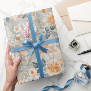 Orange Blaue Weiße Blumen Geburtstag Geschenkpapier