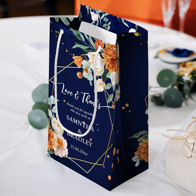 Orange blauen Salbei Blume Marineblau Vielen Dank Kleine Geschenktüte (Orange blue sage flowers navy blue thank you small gift bag wedding favor bag wedding welcome bag)