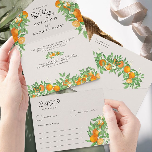 Orange Blossom Citrus Hochzeit und UAWG All In One Einladung (Wedding Invitation with RSVP from the Orange Blossom Wedding Collection by Darling & May)