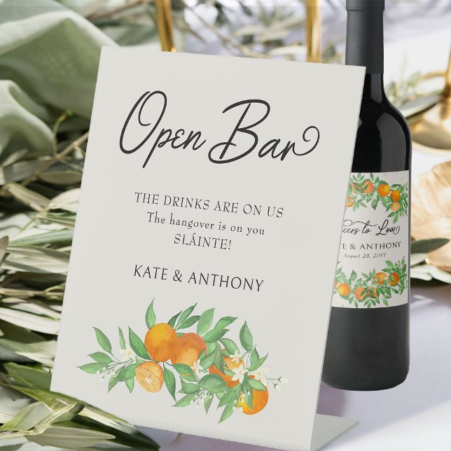 Orange Blossom Citrus Wedding Open Bar Sockelschild (Open Bar Sign from the Orange Blossom Wedding Collection by Darling & May)