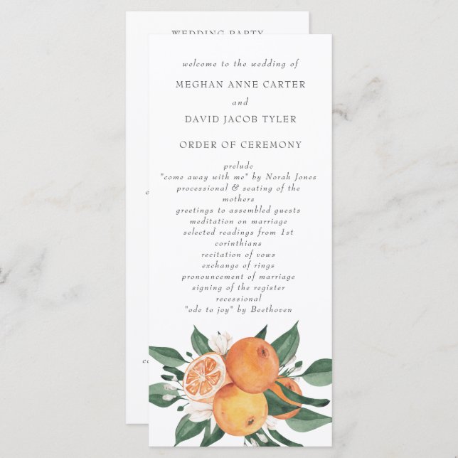 Orange Blossoms Citrus Botanical Wedding  Programm (Vorne/Hinten)