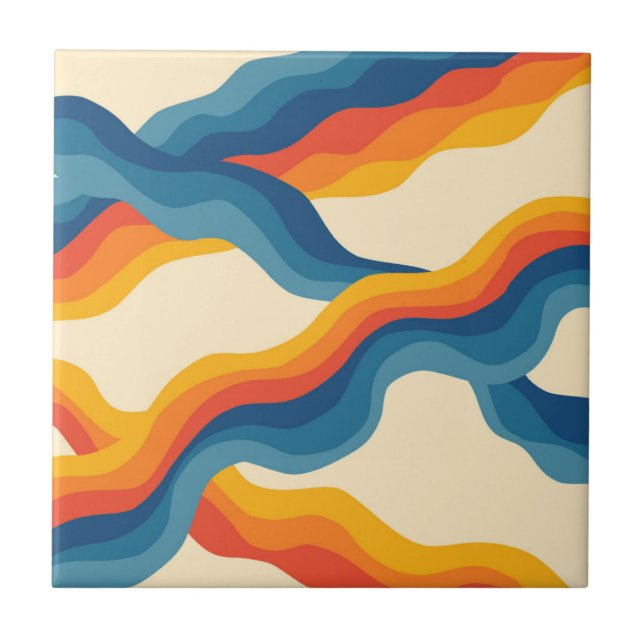 Orange Blue Abstrakt Retro Wavy Strip Bold Fliese (Vorderseite)