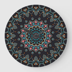 Orange Blue Aquamarin Black Mandala Boho Art Große Wanduhr