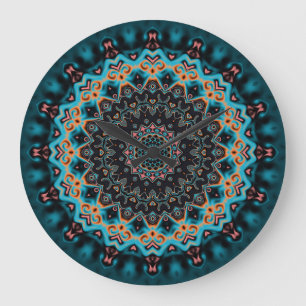 Orange Blue Aquamarin Black Mandala Boho Art Große Wanduhr