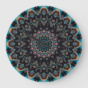 Orange Blue Aquamarin Black Mandala Boho Art Große Wanduhr