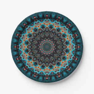 Orange Blue Aquamarin Black Mandala Pappteller