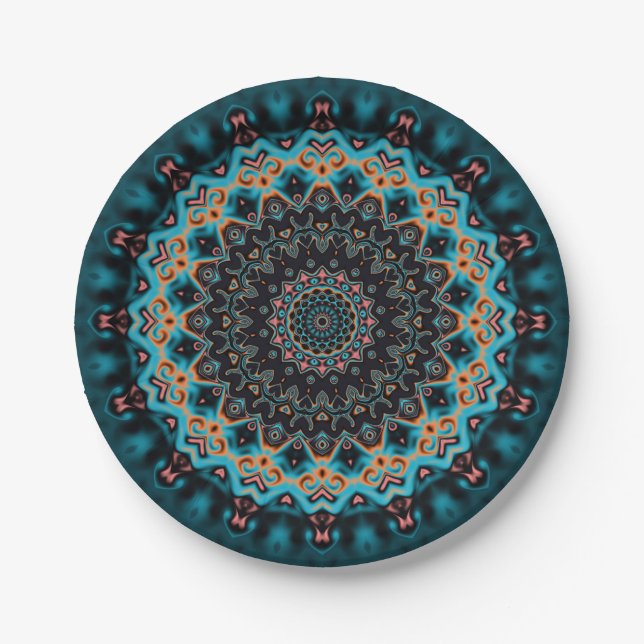 Orange Blue Aquamarin Black Mandala Pappteller (Vorderseite)