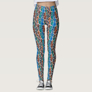 Orange Blue Aquamarin Mosaik-Festglasabstraktion Leggings