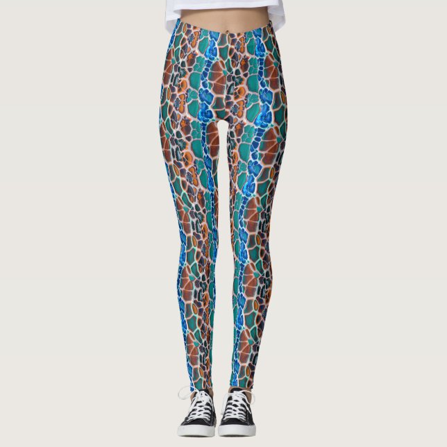 Orange Blue Aquamarin Mosaik-Festglasabstraktion Leggings (Vorderseite)