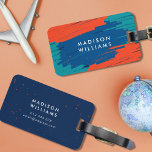 Orange Blue Aquamarin Vibranly Modern Bold Strokes Gepäckanhänger<br><div class="desc">Das trendige und moderne Gepäckanhänger mit kräftigen, dicken Markierungsstrichen in Orangetönen und aquamarin mit winzigen Orangen- und aquamarinen Orangenbeinen auf der Vorderseite und einer blauen Rückseite mit winzigen Orangen- und aquamarinen Peitschen. Personalisieren Sie es, indem Sie den Platzhalter-Text ersetzen. Für weitere Optionen, wie zum Beispiel den Schriftart zu ändern und...</div>