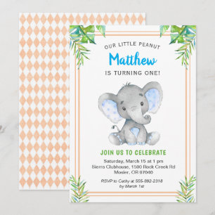 Orange Blue Boy Elephant Birthday Little Gentleman Einladung