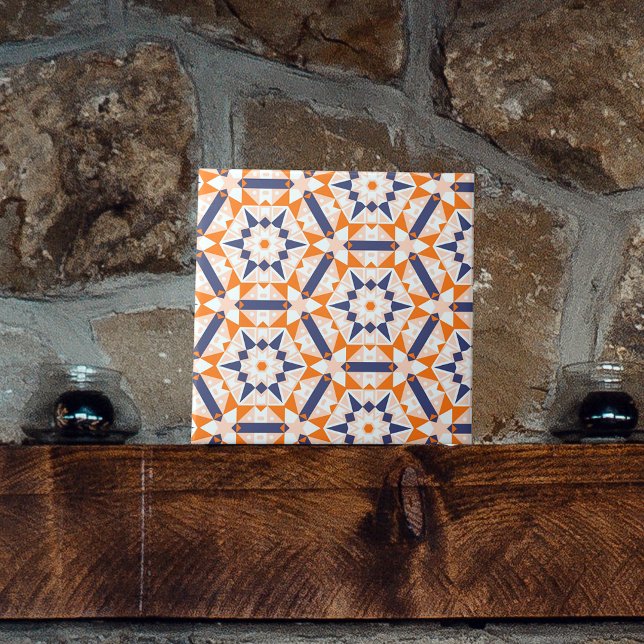 Orange Blue Cream Geometric Hexagons Muster Fliese (Von Creator hochgeladen)