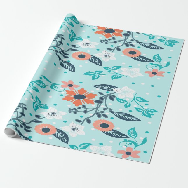 Orange Blue Floral Wrapping Paper Geschenkpapier (Ungerollt)