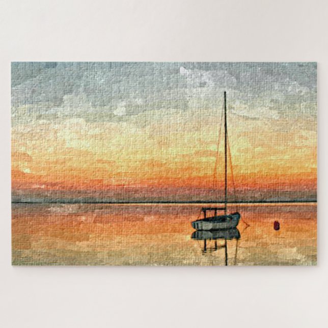 Orange Blue Gray Sailboat Watercolor Kunst, Dichtu Puzzle (Horizontal)