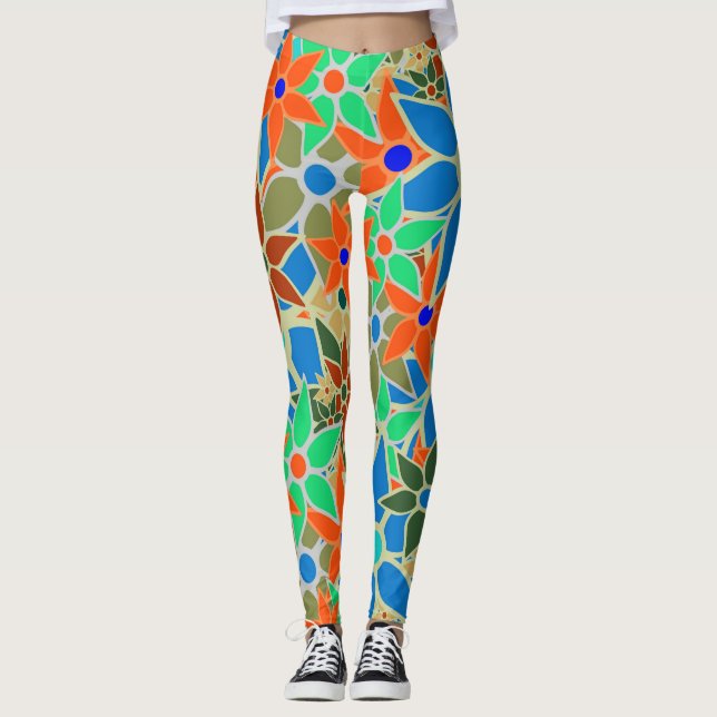 Orange Blue Mint Green Floral Leggings (Vorderseite)