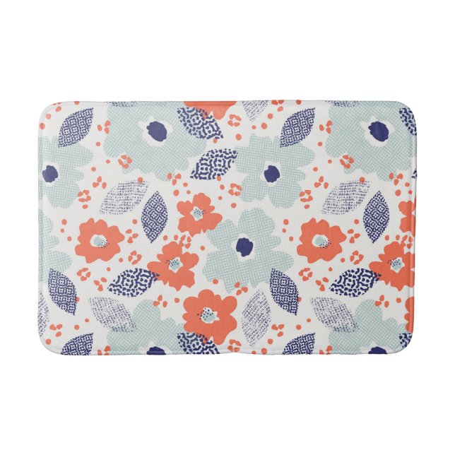 Orange & Blue Modern Blume Pattern Badematte (Vorderseite)