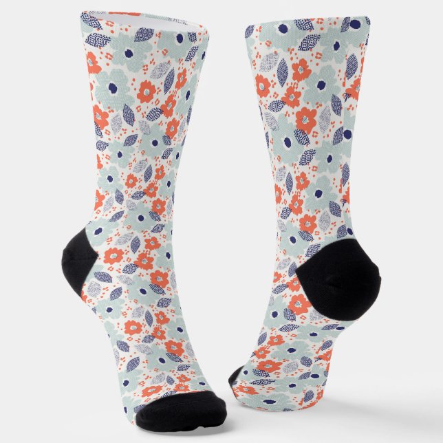 Orange & Blue Modern Blume Pattern Socken (Gewinkelt)