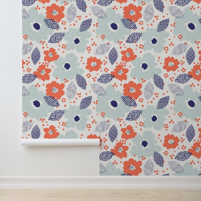 Orange & Blue Modern Blume Pattern Tapete (Anwendung)