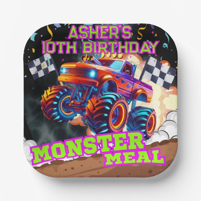 Orange Blue Monster Big Truck Birthday Square Pappteller (Vorderseite)