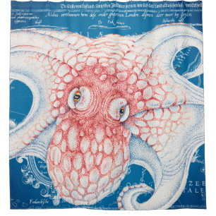 Orange Blue Octopus Kraken Vintage Karte Duschvorhang