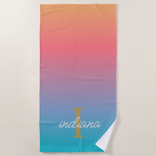 Orange Blue Ombre Modern Monogram Name Strandtuch (Vorderseite)