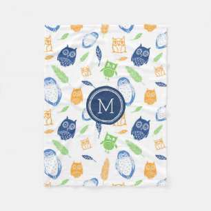Orange Blue Owls Feathers Pattern Monogram Blanket Fleecedecke