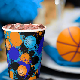 Orange & Blue Paint Spritzer Basketball Geburtstag Pappbecher
