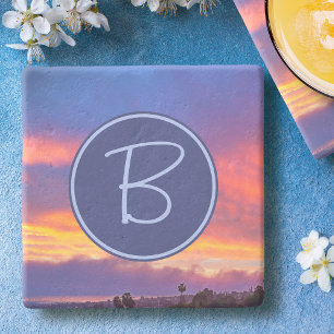 Orange Blue Pink Clouds Sunset Monogram Initial Steinuntersetzer