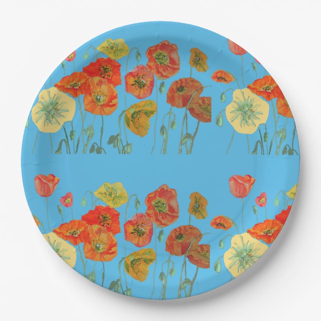 Orange Blue Poppy Blume Musterpapier Party Plate Pappteller (Vorderseite)